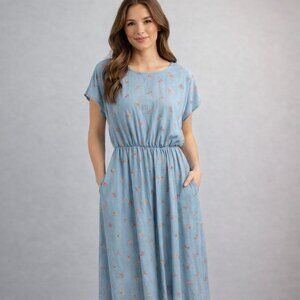 Vera moda size xs Floral Blue Midi Dress, silky lining, Pleated skirt